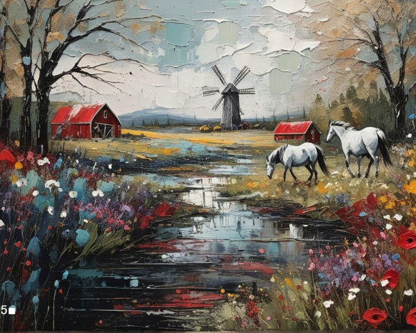 Vibrant Landscape with Horses, Barn, and Windmill