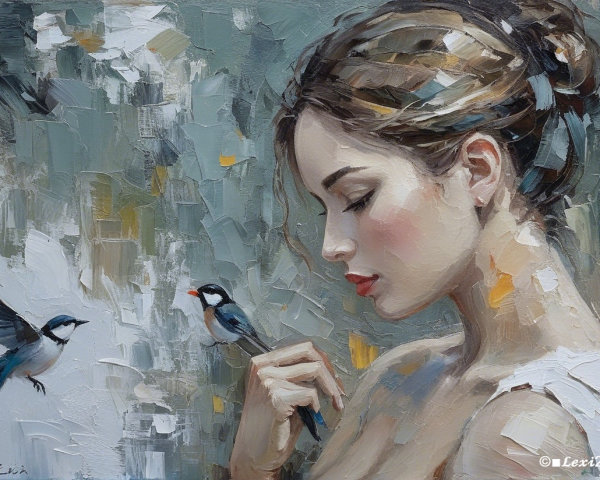 Serene Painting of a Woman with Birds in Nature