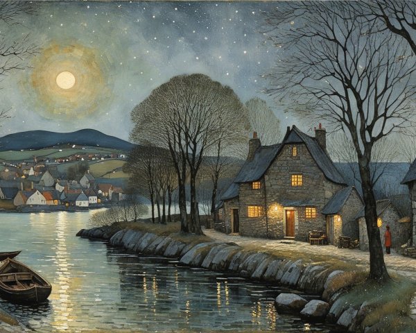 Watercolor Painting of a Serene Fishing Village at Night
