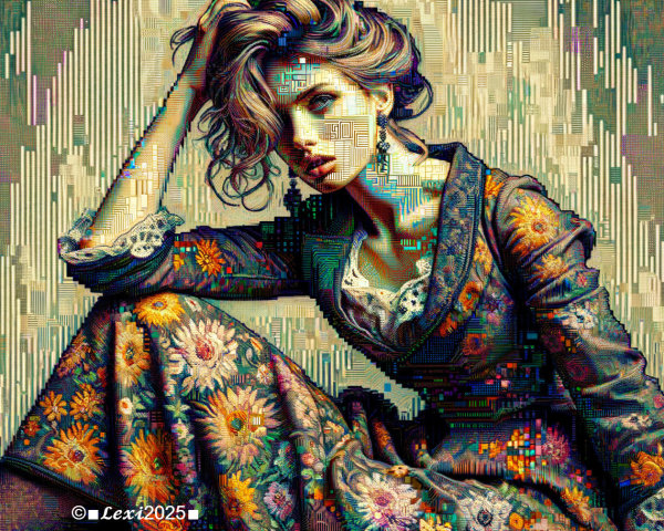 Woman in Floral Dress with Wavy Hair and Pixelated Background