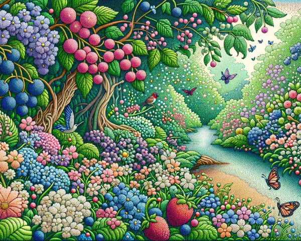 Vibrant Garden Landscape with Flowers and Wildlife