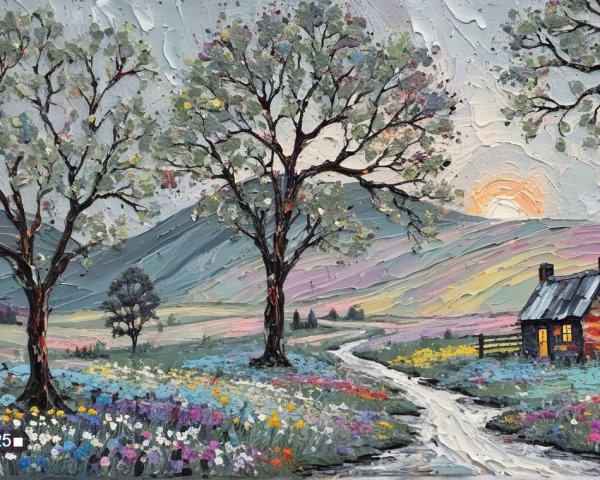 Vibrant Landscape with Cottage and Wildflowers
