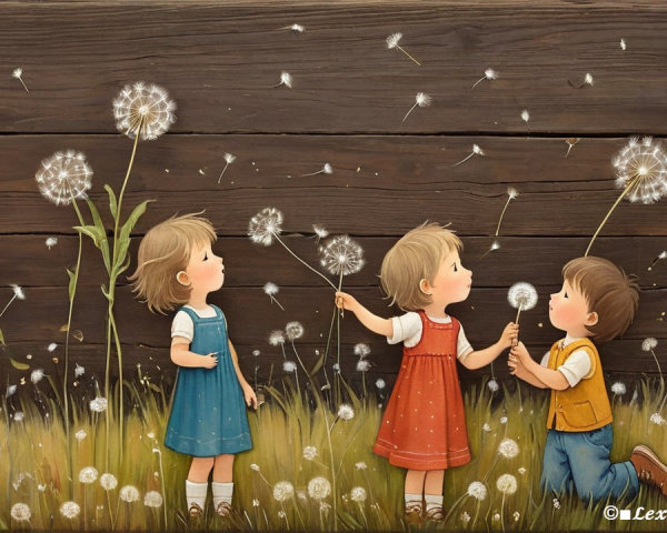 Children Playing with Dandelions in a Grassy Field