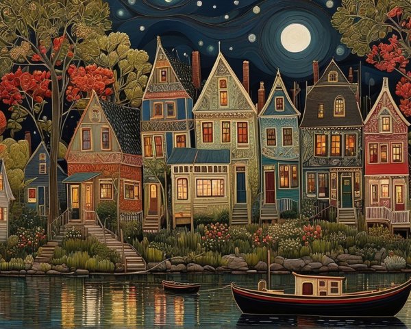 Charming Waterfront Scene with Colorful Houses and Moonlight