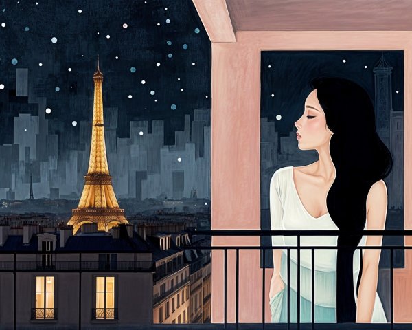 Woman on Balcony Overlooking Paris Skyline at Night