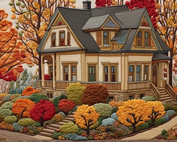 Embroidered House in Vibrant Autumn Landscape