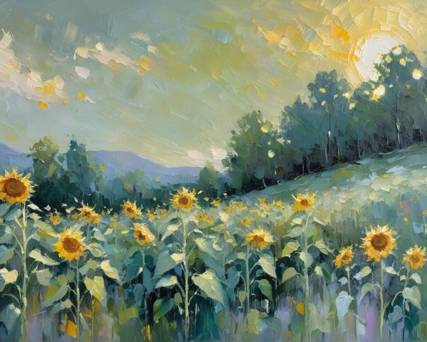 Oil Painting of Sunflowers with Mountains and Forest