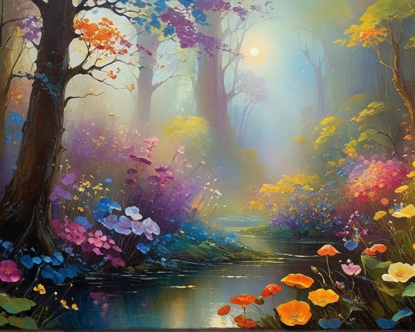 Serene forest scene with vibrant foliage and stream