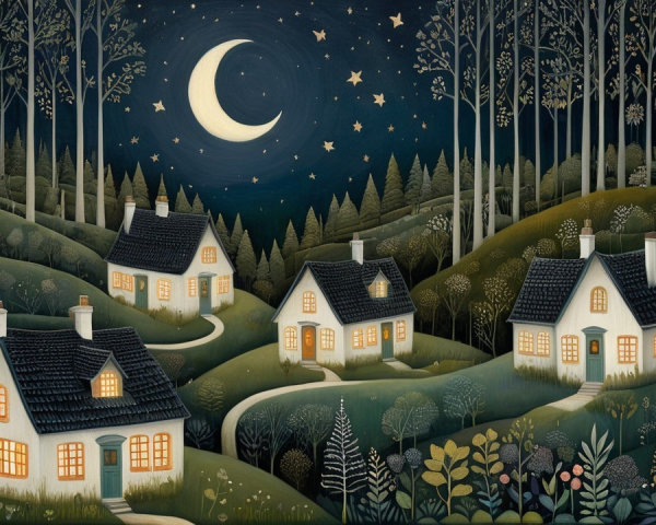 Serene Nighttime Landscape with Quaint Houses and Moon