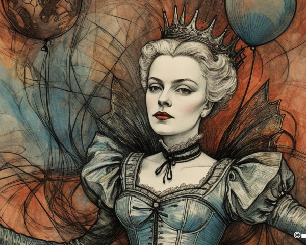 Regal Woman in Vintage Gown Surrounded by Balloons