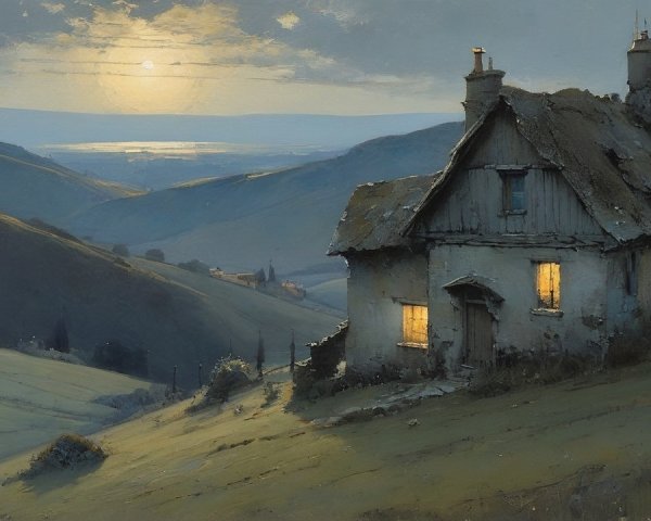 Cozy cottage illustration on a green hillside at twilight