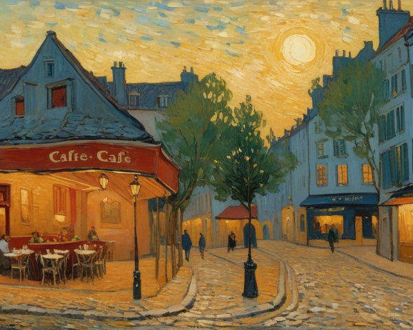 Charming Café Scene with Vibrant Sunset Colors