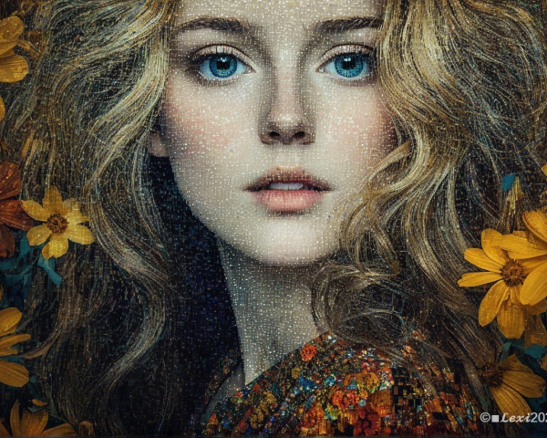 Portrait of a Young Woman with Flowers and Texture