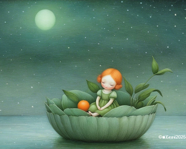 Whimsical Scene of a Girl in Moonlit Leaves