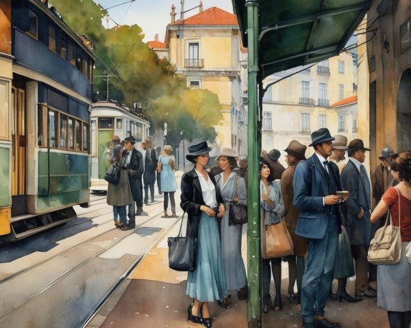 Vintage Tram Scene on a Bustling Urban Street