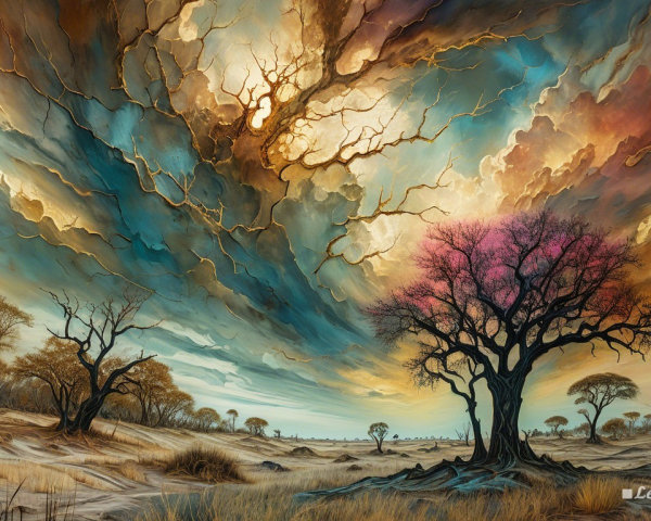 Dramatic Landscape with Vibrant Sky and Silhouetted Trees