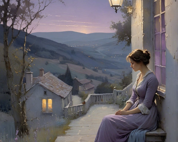 Elegant Young Woman in Lavender Dress at Sunset