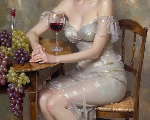 Elegant Woman with Wine Surrounded by Grapes