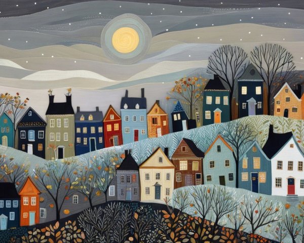 Whimsical Village Scene with Colorful Houses and Moon