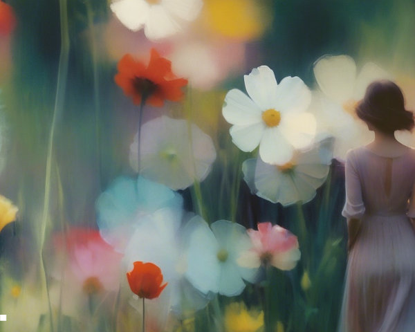 Woman in flowing dress walks through vibrant flower field