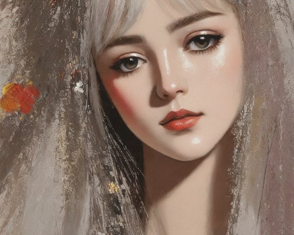 Portrait of a Young Woman with Silver Hair and Flowers