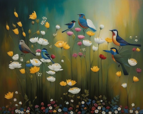 Colorful Painting of Birds Among Blooming Flowers