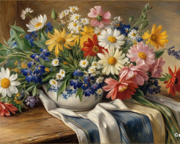 Vibrant Still Life of Wildflowers in Ceramic Bowl