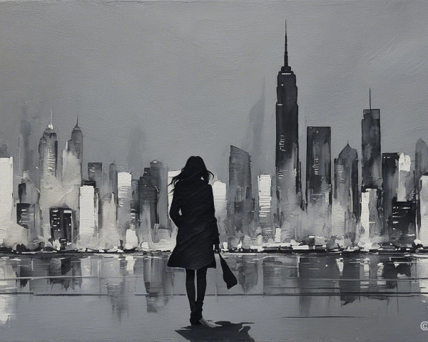 Monochrome Oil Painting of Female Figure and Cityscape