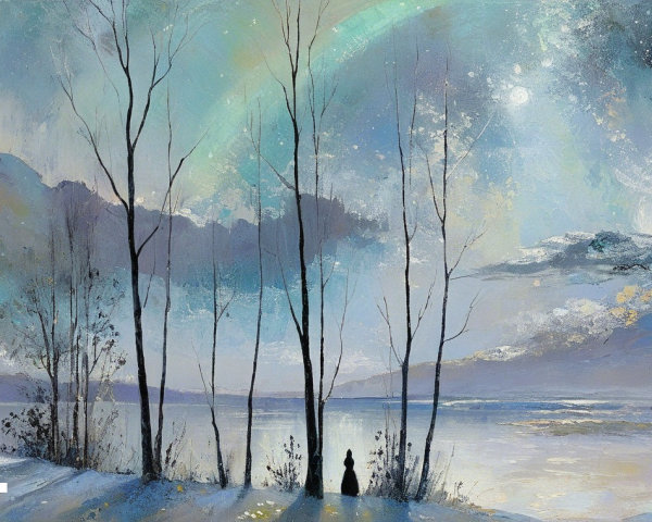 Serene Winter Landscape with Silhouetted Trees and Moon