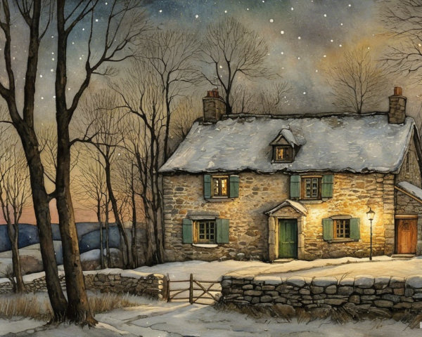Cozy Stone Cottage in Serene Winter Landscape