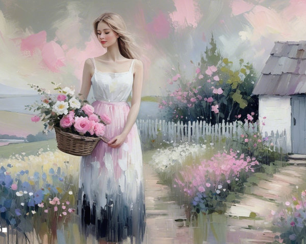 Serene landscape with woman in white dress and flowers