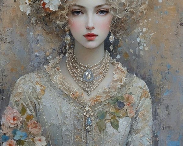 Serene Woman in Floral Gown with Pearls and Gemstones