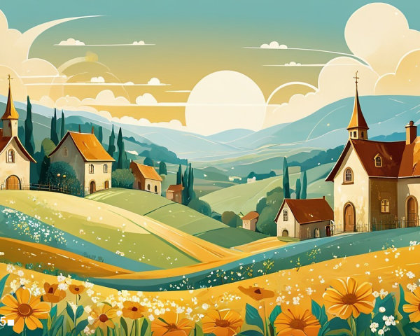 Idyllic countryside landscape with blooming wildflowers