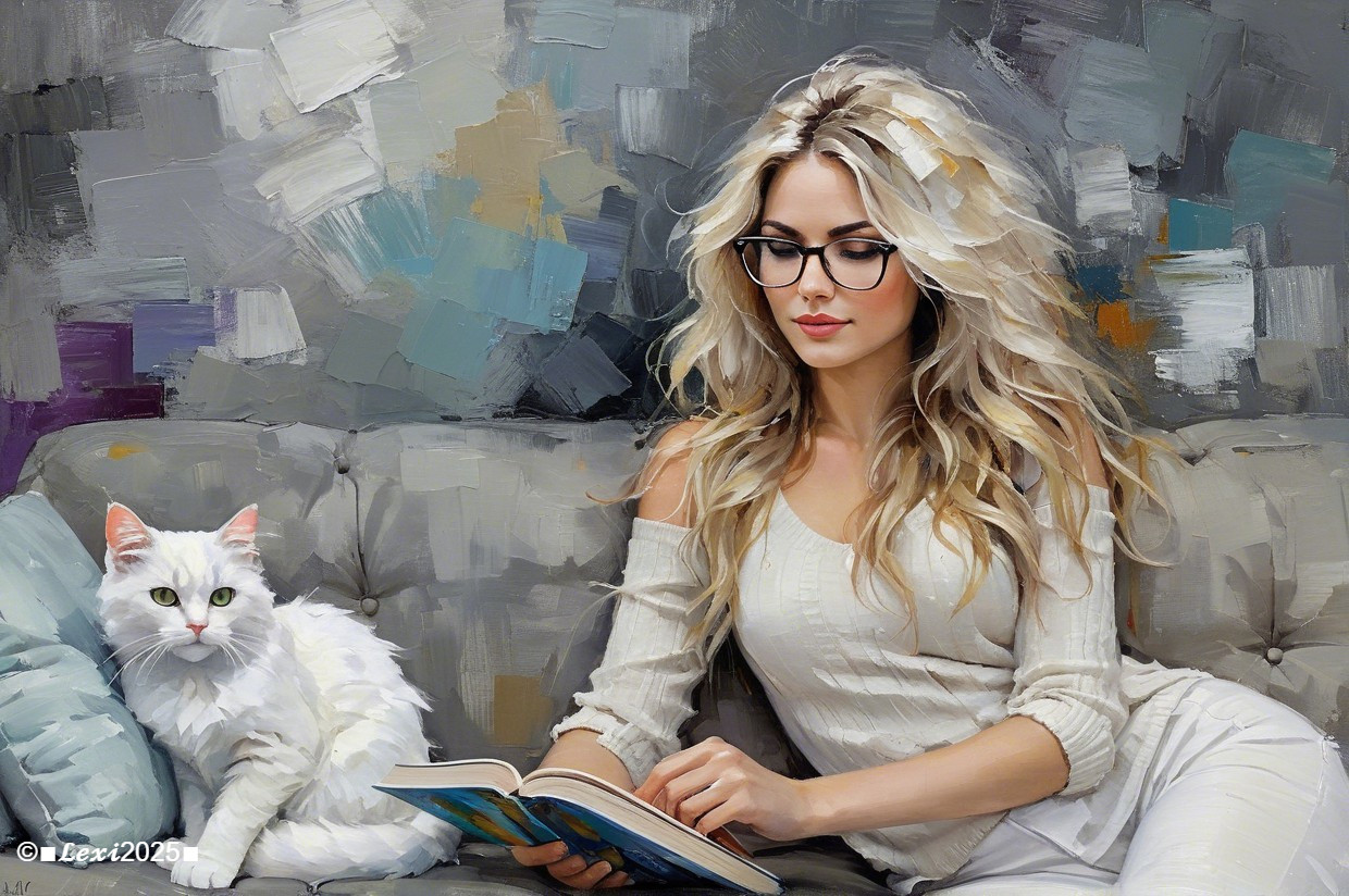 Cozy Reading Scene with Woman and Fluffy Cat