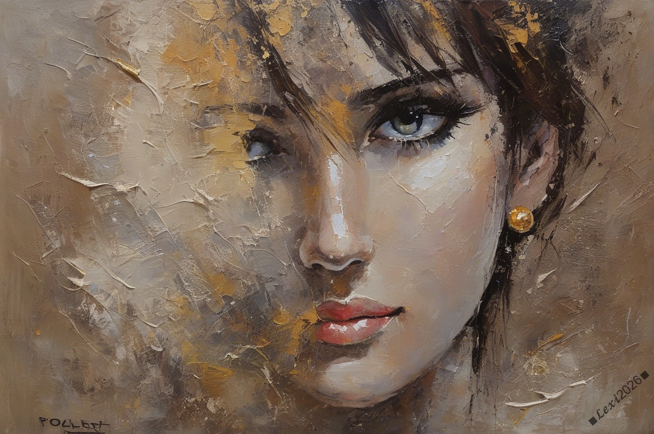 Close-Up Portrait of a Young Woman in Oil Painting