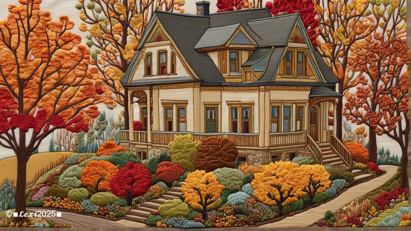 Embroidered House in Vibrant Autumn Landscape
