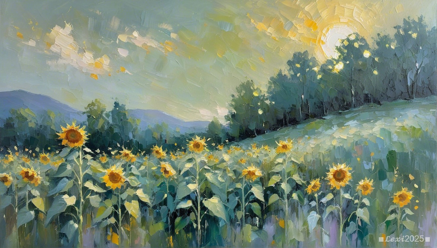 Oil Painting of Sunflowers with Mountains and Forest