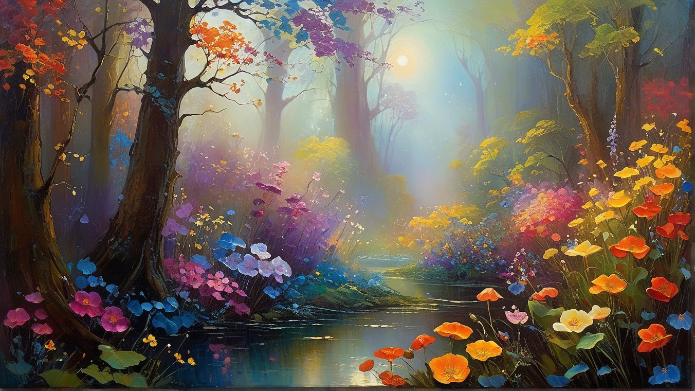 Serene forest scene with vibrant foliage and stream