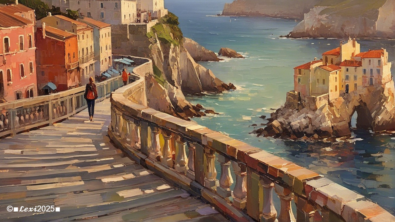 Coastal Pathway with Vibrant Buildings and Ocean View
