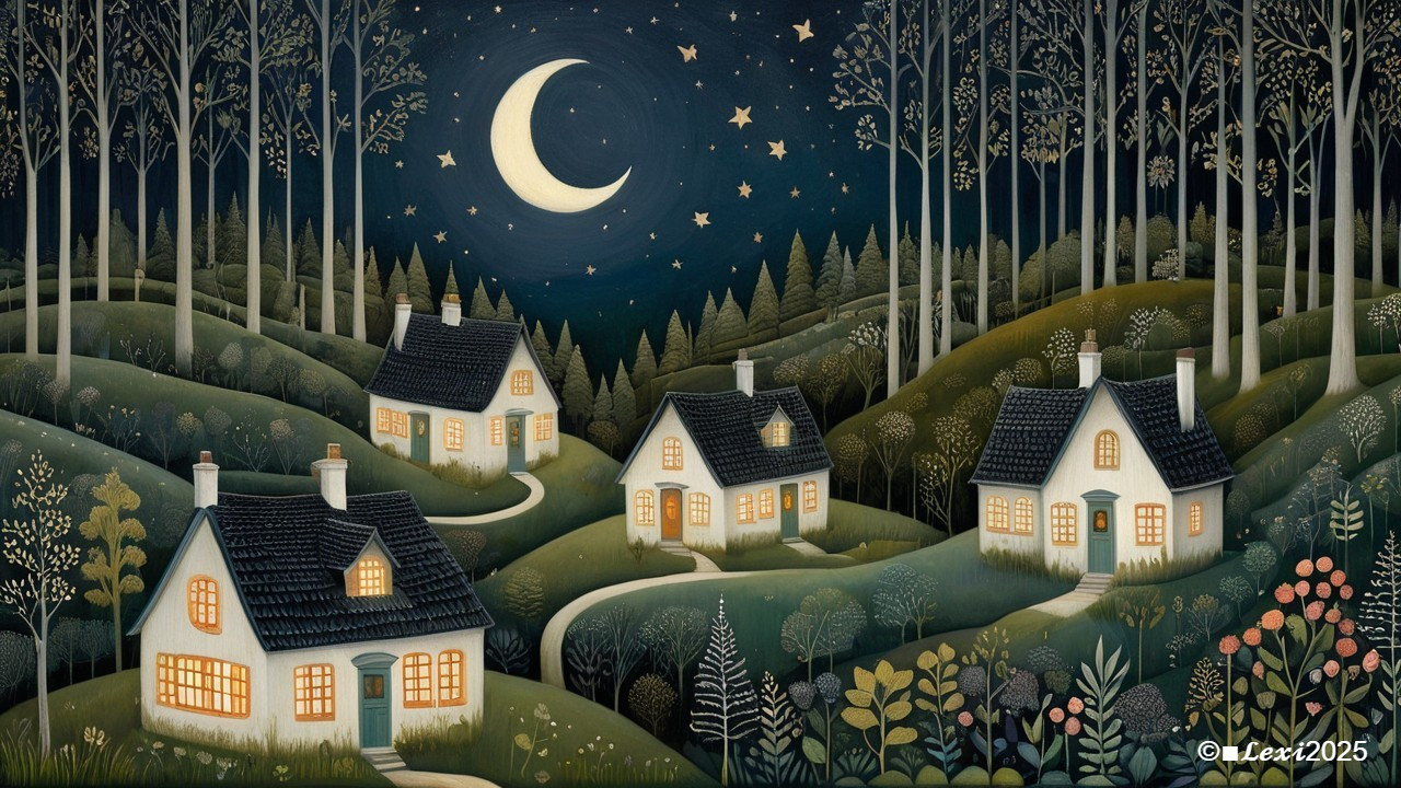 Serene Nighttime Landscape with Quaint Houses and Moon