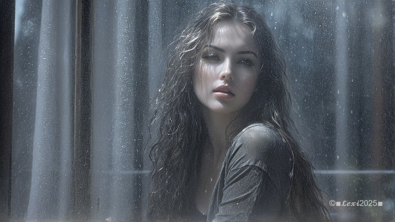 Young Woman's Portrait by Rain-Filtered Window