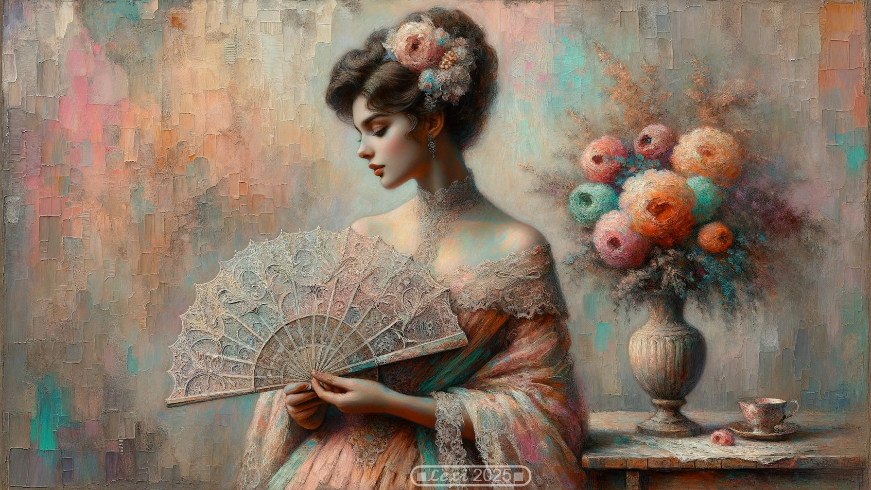 Elegant woman in flowing dress with floral accents