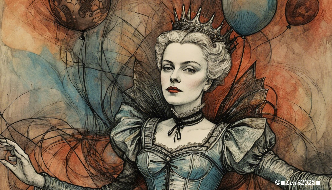 Regal Woman in Vintage Gown Surrounded by Balloons