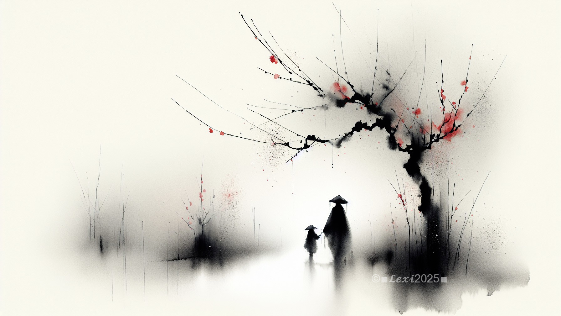 Minimalist Landscape with Tree and Walking Figures