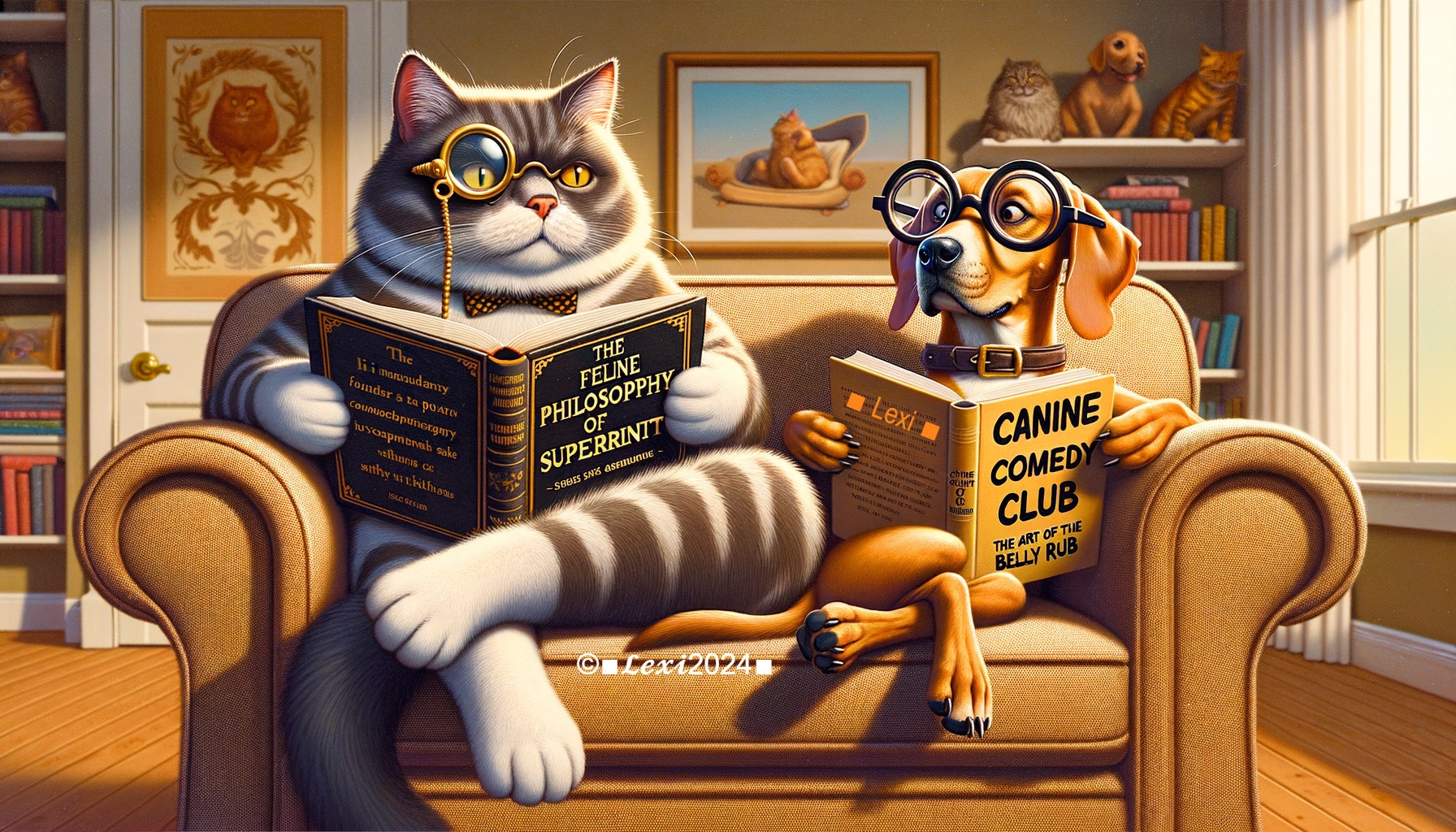Gray Cat and Brown Dog Reading on a Cozy Couch
