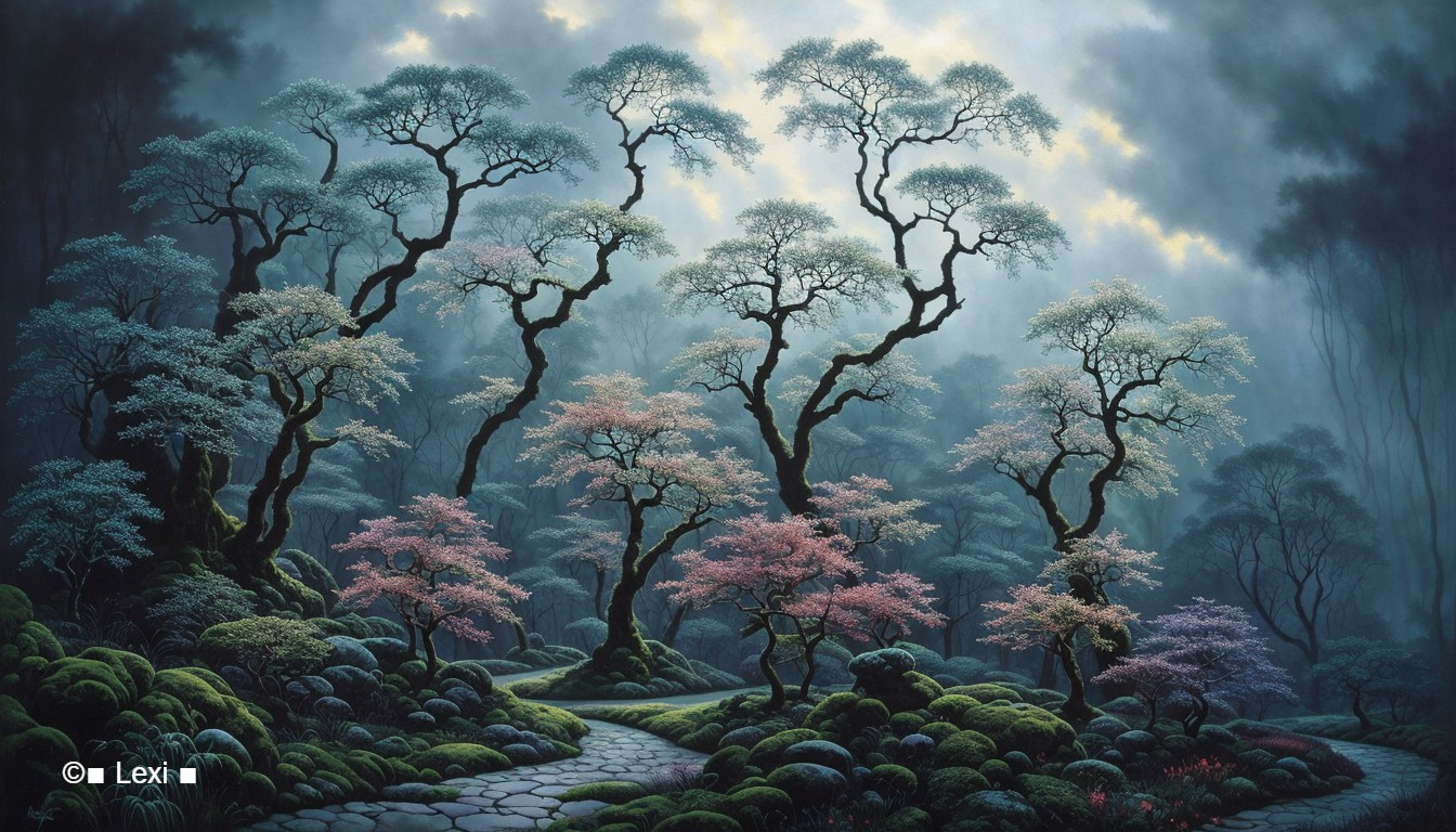 Mystical forest with blue lighting and cherry blossoms