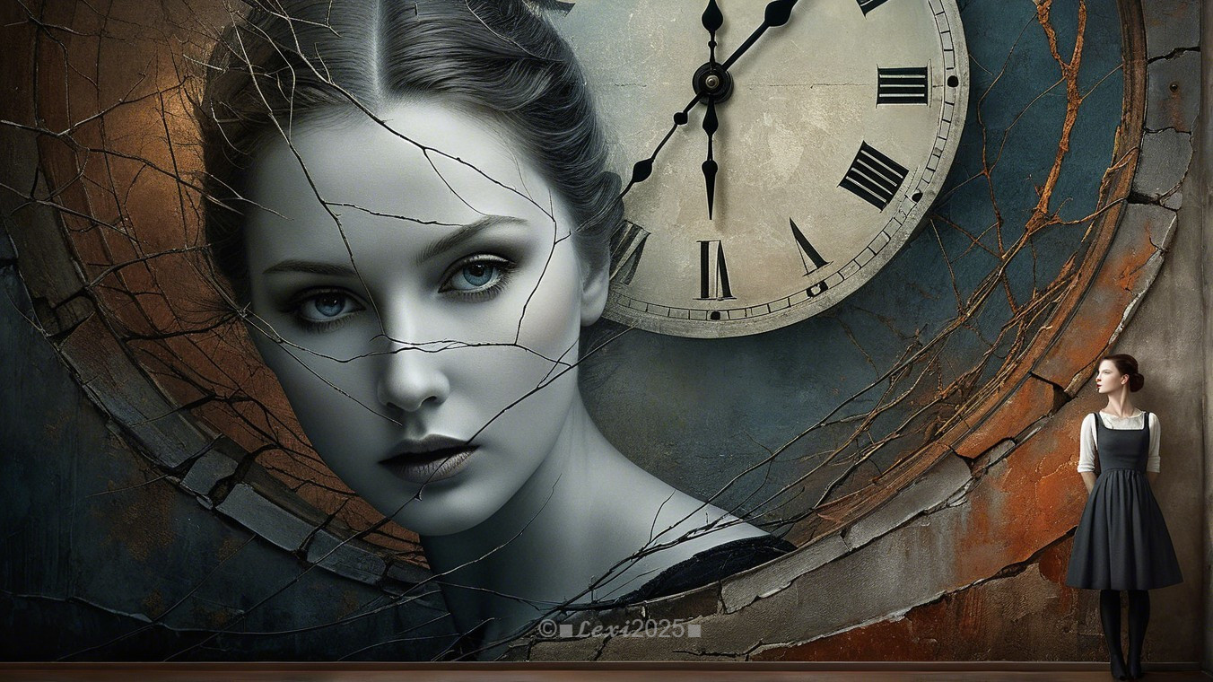 Grayscale Mural of Woman's Face with Vintage Clock