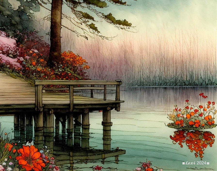 Serene Lakeside Scene with Wooden Dock and Flowers