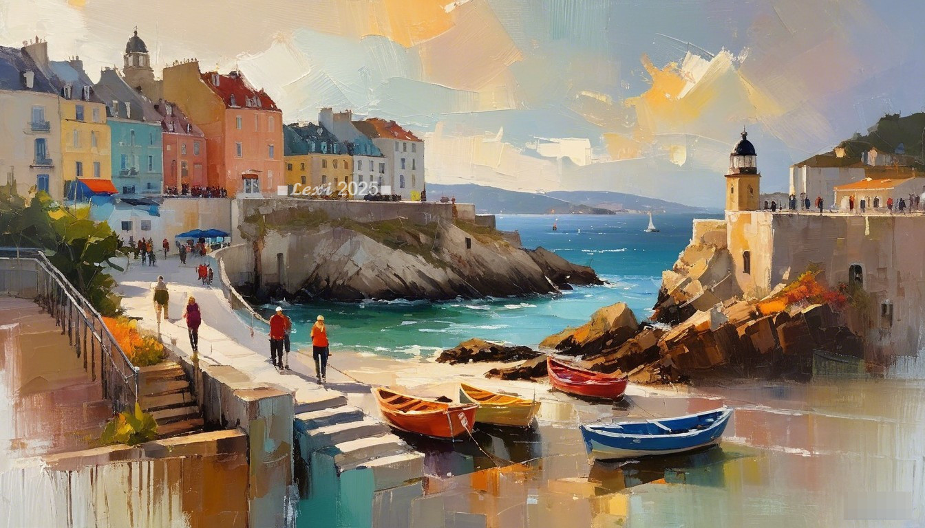 Picturesque Coastal Town with Colorful Buildings and Boats
