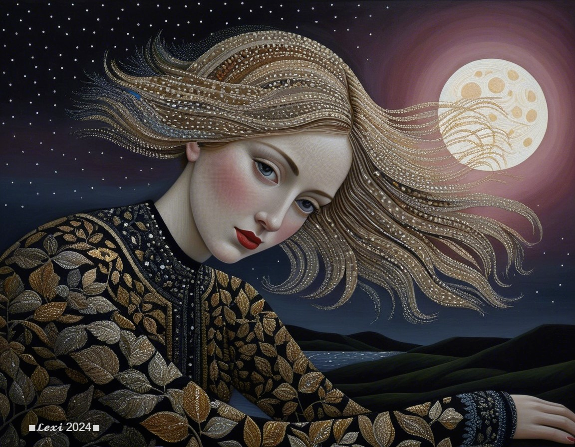 Serene figure in patterned garment under full moon